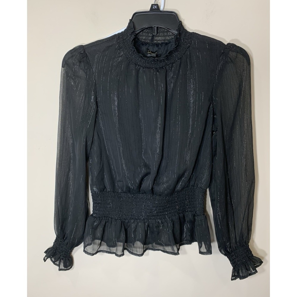 Japna Blouse Womens Medium Black Sheer Metallic Smocked Peplum Long Sleeve